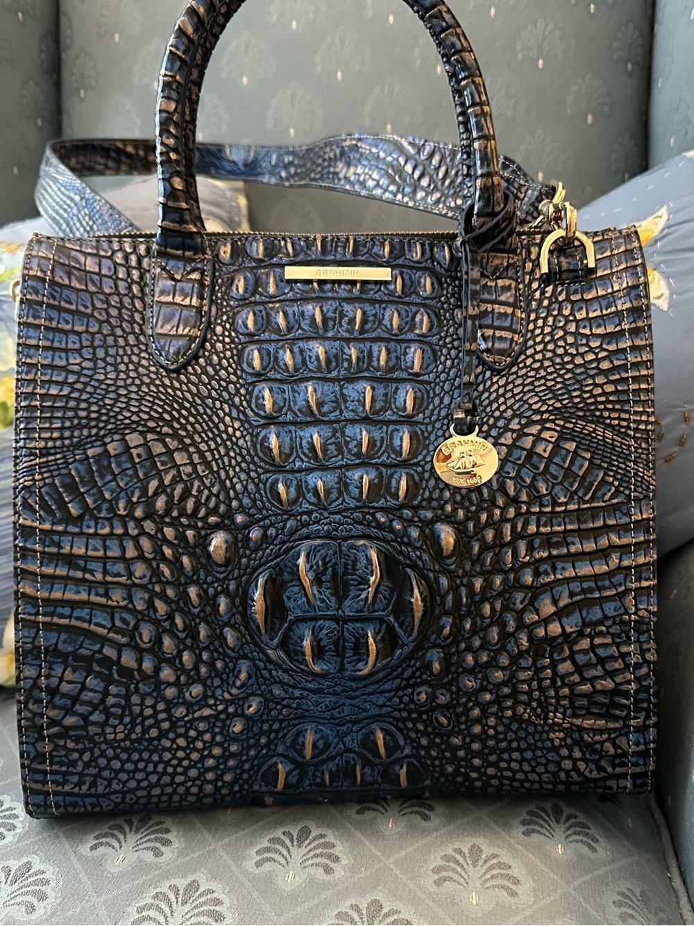 Brahmin Large Caroline Lazuli Blue Croc-Embossed Satchel